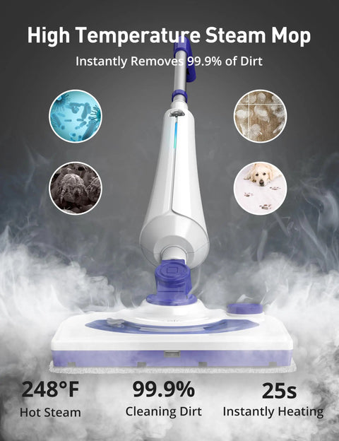 Kick Grime Steam Mop Heavy Duty Floor Steamer Fast 25 Second Heat Up With Detergent Chamber And Two Reusable Microfiber Pads for high temperature cleaning.