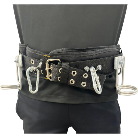 Rear view of Beefy Heavy Duty Scaffold Tool Belt For Carpenters With Nail Bag And Three Pouches, hammer and pliers holders visible