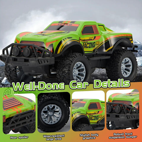 Off Road Remote Control Truck 2.4GHz RC Car With LED Lights 1 To 20 Scale All Terrain Monster Stunt Vehicle, green details