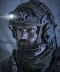 Sidewinder 55 Lumen Compact II Military Flashlight mounted on a helmet for hands free lighting with 185 degree tilt