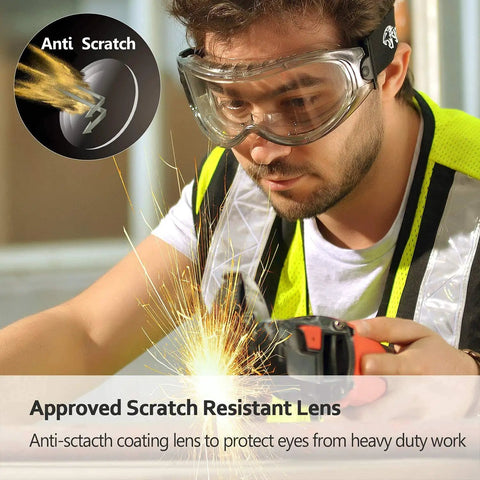 Man wearing over glasses safety goggles for men and women anti fog and anti scratch HD lens ANSI Z87 and EN166 approved