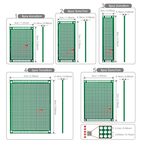 Diagram of Double Sided PCB Perfboard Kit With 34 Pcs Tinned Through Holes In 5 Sizes, showing dimensions and hole layout.