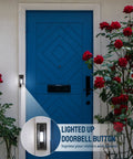 Heavy Duty Metal Doorbell Push Button With Bright White LED Light, Hardwired Doorbell Button, Waterproof and UV Resistant, on blue door