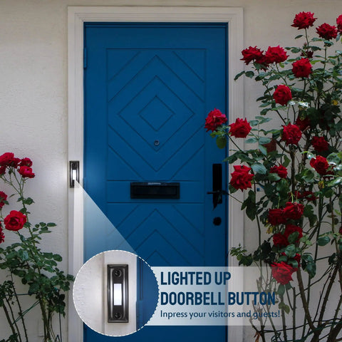 Heavy Duty Metal Doorbell Push Button With Bright White LED Light, Hardwired Doorbell Button, Waterproof and UV Resistant, on blue door