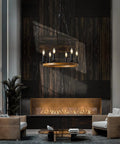 Living room with Six Light Farmhouse Chandelier With Rustic Industrial Wagon Wheel Design In Black, Distressed Metal Finish Ceiling Pendant