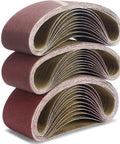 Three sets of Heavy Duty 36 Pack 4X24 Sanding Belts Aluminum Oxide Abrasive Strips assorted grit 80 120 150 displayed in rolls.