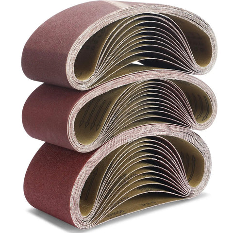 Three sets of Heavy Duty 36 Pack 4X24 Sanding Belts Aluminum Oxide Abrasive Strips assorted grit 80 120 150 displayed in rolls.
