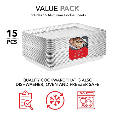 Aluminum Foil Trays 15 Pack Disposable Bakeware 16 Inch By 11 Inch Nonstick Reusable Cookie Sheets For Catering, Takeout, Home Baking And Easy Transport