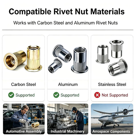 Cordless Rivet Nut Gun for Milwaukee 18V Battery, compatible with carbon steel and aluminum rivet nuts, not stainless steel