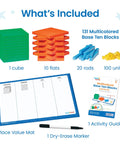 Multicolored Base Ten Blocks Activity Set with cube, flats, rods, units, place value mat, marker, and guide shown.