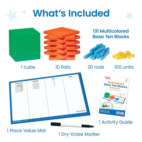 Multicolored Base Ten Blocks Activity Set with cube, flats, rods, units, place value mat, marker, and guide shown.