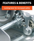 Beefy Manual Hand Crank Boat Trailer Winch For Hauling And Loading, 900 Lb Capacity, Six And A Half Inch Handle, Three Point Two Five To One Gear Ratio, Clear Zinc Finish, Versatile Mounting With Slotted Holes And Ratcheting Lock, locking lever close-up