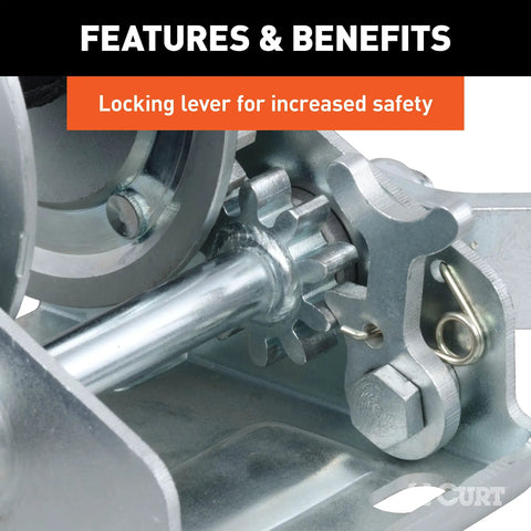 Beefy Manual Hand Crank Boat Trailer Winch For Hauling And Loading, 900 Lb Capacity, Six And A Half Inch Handle, Three Point Two Five To One Gear Ratio, Clear Zinc Finish, Versatile Mounting With Slotted Holes And Ratcheting Lock, locking lever close-up