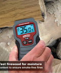 AccuMASTER Duo Pro Pin And Pinless Moisture Meter in use on wood displaying moisture level.