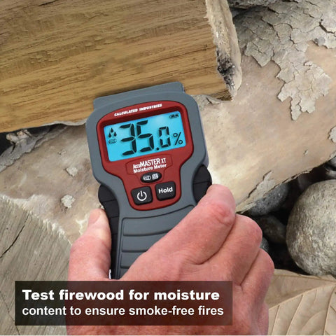 AccuMASTER Duo Pro Pin And Pinless Moisture Meter in use on wood displaying moisture level.