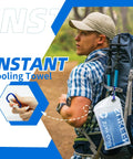 Man hiking with Instant Cooling Towels 4 Pack 40 By 12 Inches Hyper Evaporative Ice Towel in carrying pouch with carabiner
