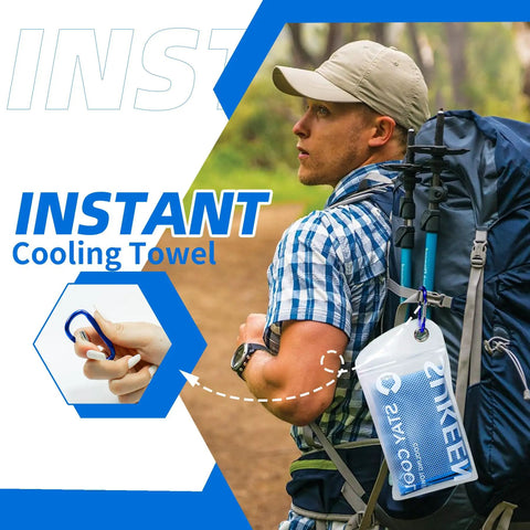 Man hiking with Instant Cooling Towels 4 Pack 40 By 12 Inches Hyper Evaporative Ice Towel in carrying pouch with carabiner