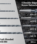 Bolt Extractor Kit 10 Piece Set With Left Hand Drill Bits And HSS M2 Steel Drill Bits with sizes and double-edged extractors displayed.