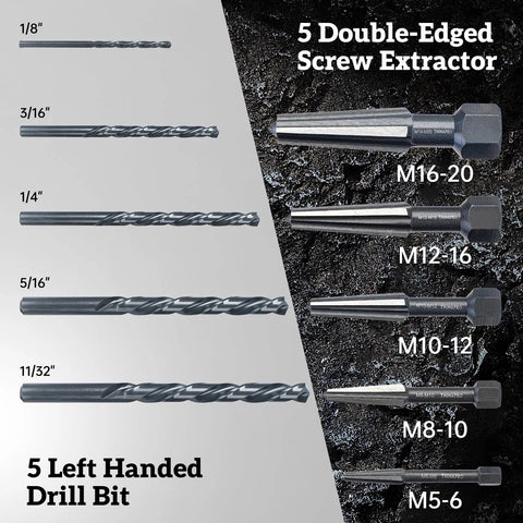 Bolt Extractor Kit 10 Piece Set With Left Hand Drill Bits And HSS M2 Steel Drill Bits with sizes and double-edged extractors displayed.
