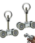 Four Wheel Trolley Assembly With Super Silent Pulley And M10 Bolt Plus Lifting Eye Nut, Pack of Two shown in hand and side view.
