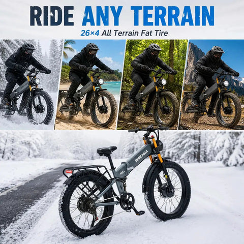 Heavy Duty Dual Motor Electric Bike For Adults With 5000W Peak Power And Awd, 42V Battery Delivering 90 Mile Range, 40Mph Top Speed On 26 Inch Fat Tires, Full Suspension And Hydraulic Brakes To Rip Through Any Trail in snowy terrain.