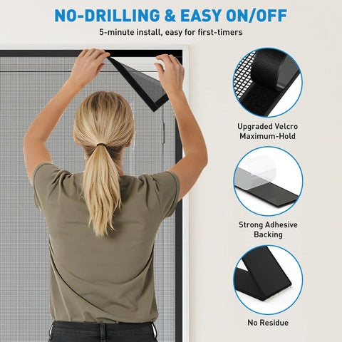 Person installing Side Opening Magnetic Screen Door Fits 32x80 Doors, Screen Size 34x81 with adhesive backing and velcro.