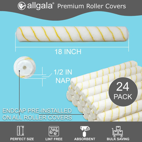 18 Inch Paint Roller Covers Shedless Lint Free 24 Bulk Pack One Half Inch Nap With End Caps and premium features visual.