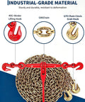 Four 20-Foot Chain And Ratchet Binder Kit For Truck And Trailer Cargo Tie-Downs Includes Four Heavy Chains And Four Adjustable Ratchet Binders In 1/4 To 1/2 Inch Range Built To Strap Down And Secure Loads Like A Pro On The Go. Industrial-grade chain binder kit with G80 chain, red binder, and clevis grab hooks