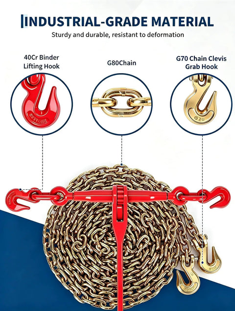 Four 20-Foot Chain And Ratchet Binder Kit For Truck And Trailer Cargo Tie-Downs Includes Four Heavy Chains And Four Adjustable Ratchet Binders In 1/4 To 1/2 Inch Range Built To Strap Down And Secure Loads Like A Pro On The Go. Industrial-grade chain binder kit with G80 chain, red binder, and clevis grab hooks
