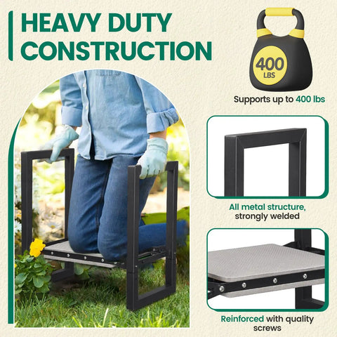 Heavy Duty Folding Garden Kneeler And Seat With Handles, person kneeling supports up to 400 lbs, all-metal structure.