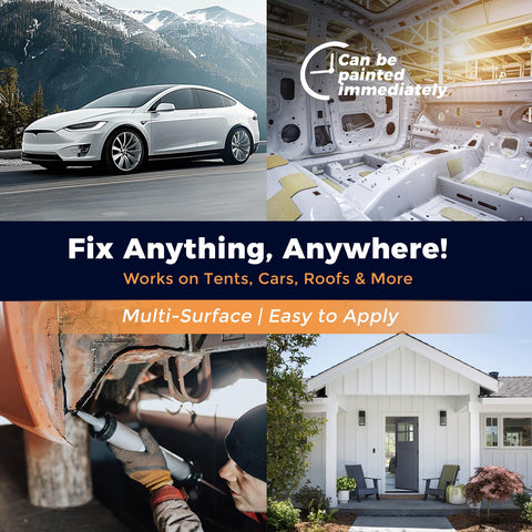 All Surface Auto Seam Sealer Heavy Duty Waterproof Adhesive For Trucks Boats RVs And Auto Body Repair Quick Paintable Sealant For Metal And Plastic No Sanding Required Paint Ready In About 30 Minutes White on various applications, including car body repair.