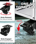 Straight Up Heavy Duty 2 Inch Swivel Caster Wheels 4 Pack With Full Lock Dual Brake showing brake functions and swivel movement.