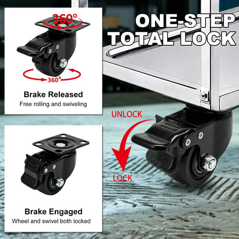 Straight Up Heavy Duty 2 Inch Swivel Caster Wheels 4 Pack With Full Lock Dual Brake showing brake functions and swivel movement.