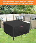 Built Tough Heavy Duty Waterproof Square Table Cover 38 by 38 Inches shown on outdoor patio table