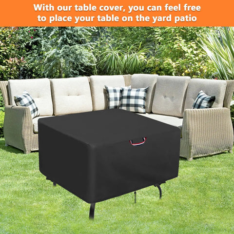 Built Tough Heavy Duty Waterproof Square Table Cover 38 by 38 Inches shown on outdoor patio table