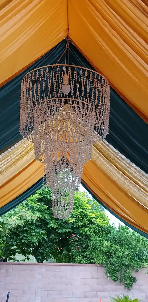 Four Tier Large Wedding Chandelier With Faux Crystal Iridescent Beaded Swag, 24 Inch Wide By 36 Inch Long, outdoor view