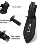Close-up of Heavy Duty Serrated Edge Metal Detecting Shovel With Belt Loop Sheath, features labeled: Velcro, rubber handle, carbon steel.