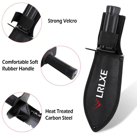 Close-up of Heavy Duty Serrated Edge Metal Detecting Shovel With Belt Loop Sheath, features labeled: Velcro, rubber handle, carbon steel.