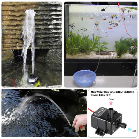Two Pack DC 12V Mini Submersible Water Pump 63 GPH Quiet And Compact in action with aquarium and fountain setups