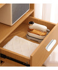 White 8 Pack 3.46 Inch Self Adhesive ABS Cabinet Pull Handles installed on wooden drawer for easy grip and no drilling.