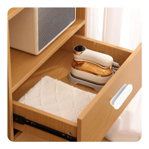 White 8 Pack 3.46 Inch Self Adhesive ABS Cabinet Pull Handles installed on wooden drawer for easy grip and no drilling.