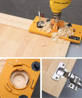 35mm Hinge Drilling Jig For Concealed Cabinet Hinge Installation Pro Grade Accuracy Hole Guide For Kitchen Doors And Woodworking Tools With Adjustable Dials For 3 4 5 6mm Precision And Easy Install shown in use on a wooden board with a drill