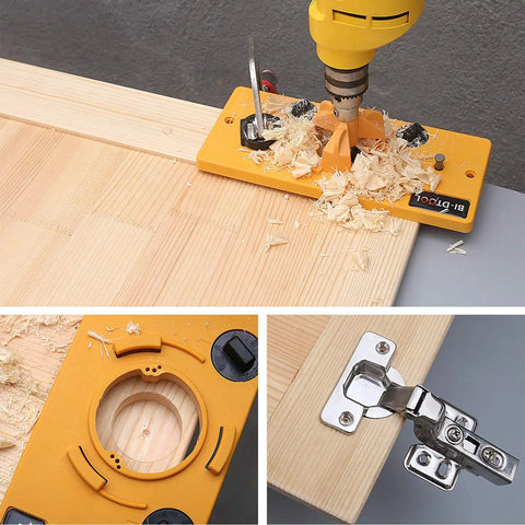 35mm Hinge Drilling Jig For Concealed Cabinet Hinge Installation Pro Grade Accuracy Hole Guide For Kitchen Doors And Woodworking Tools With Adjustable Dials For 3 4 5 6mm Precision And Easy Install shown in use on a wooden board with a drill