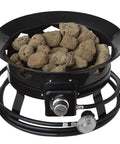 Smokeless Propane Fire Pit 19 Inch Portable Firebowl 58K BTU with Self Igniter features black metal bowl with rocks and hose