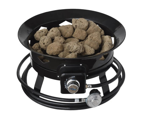Smokeless Propane Fire Pit 19 Inch Portable Firebowl 58K BTU with Self Igniter features black metal bowl with rocks and hose
