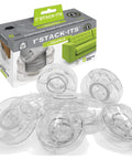 Heavy Duty Clear Stackable Furniture Risers Set Of 8 Adjustable Bed Lifters With Secure Grip 1 To 3 Inch Flexible Lift Acrylic Foot Expanders For Couches Shelves And Nightstands No Sweat Setup in package with risers scattered.
