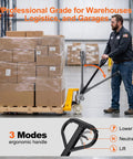 Heavy Duty Manual Pallet Jack Built Different For Tough Tasks Featuring Rock Solid 5500 Pound Capacity and Super Slick Hydraulics in a warehouse.