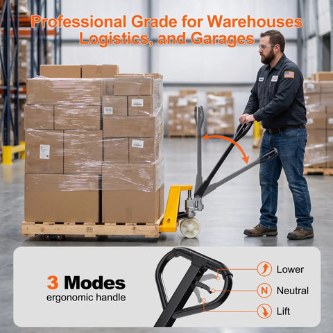 Heavy Duty Manual Pallet Jack Built Different For Tough Tasks Featuring Rock Solid 5500 Pound Capacity and Super Slick Hydraulics in a warehouse.