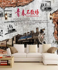 Peel And Stick Steam Locomotive Wall Mural Dope 3D Train Print Removable Wallpaper For Living Room Bedroom And Kids Room Vintage Train Decor 79 Inch Wide By 55 Inch High Silk Canvas showing 3D train on vintage brick background above a white sofa.