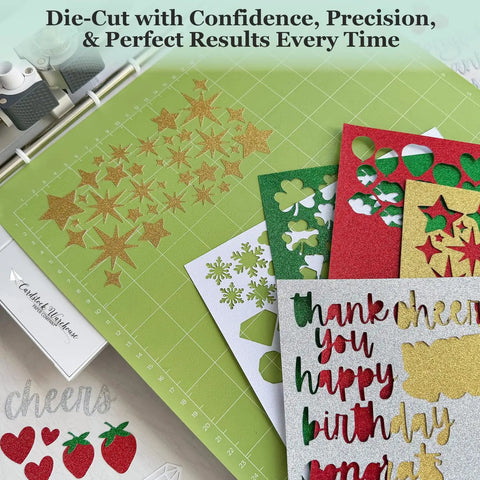 Premium White Glitter Cardstock Paper 104lb 280 GSM cutouts on green mat for DIY cards and Cricut projects